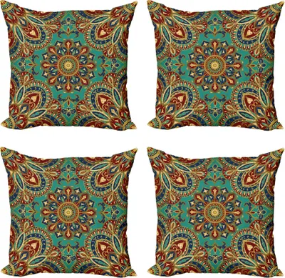 Produktbild von ABAKUHAUS Mandala Kissenbezug Set (4 Stück), orientalisch, Moderner Doppelseitiger Digitaldruck, 40 cm x 40 cm, Teal Indigo Rubin