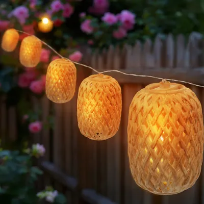 Produktbild von Solar Lichterkette mit 10 ovalen Lampions in Rattan Optik - 450 cm - LED Garten Deko Beleuchtung warm weiß