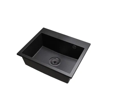 A black granite sink with a drain is shown against a white background.
