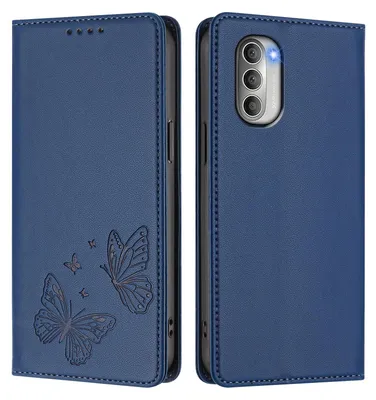 Image de Étui en cuir pour Motorola Moto G51 5G, motif papillon, étui à rabat avec porte-appareil, bleu foncé