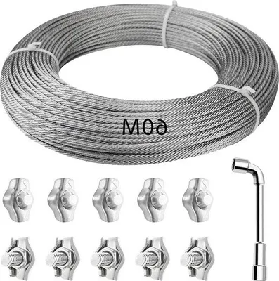 Produktbild von 60m 304 rostfreier Stahl-Kabel mit Kabelschrauben - ummantelt - Steckzange - Vorhangseil - Wäscheleine - Pflanzkabel - Zeltseil - Beleuchtungskabel
