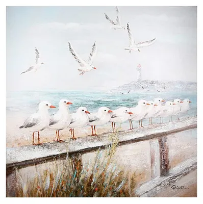Canvas-Bild Seaside mit Möwen, handgemalt, 60x60 cm, Blau/Weiß/Grau