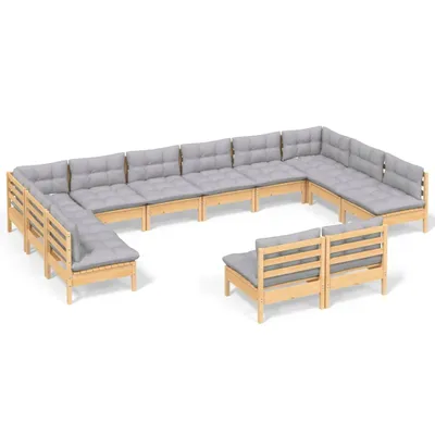 Produktbild von 12-tlg. Garten-Lounge-Set mit Grauen Kissen Kiefer Massivholz