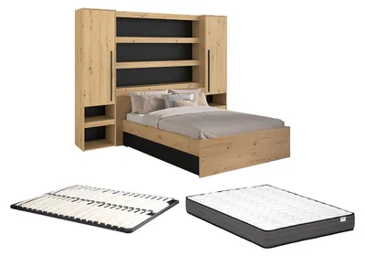 Produktbild von Bett mit Stauraum & LEDs - 160 x 200 cm + Lattenrost + Matratze - Holzfarben & Schwarz - VARLY