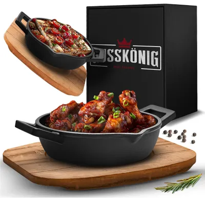 Produktbild von GUSSKÖNIG Gusseisen Grillpfännchen für Grill (2er Set) mit Holz Untersetzer aus Akazienholz - Grillpfannen Set aus Gusseisen