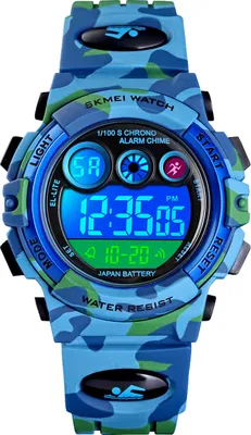 Produktbild von Alienwork Seven-color LED Digital Kinderuhr Jungen Mädchen Camouflage blau Kautschuk-Armband Kalender Schwarz Chronograph Sportlich Multi-funktion