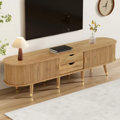 Produktbild von TV-Lowboard - TV-Möbel - 175 x 38 x 45 cm - Rattan-Schiebetür - 2 Schubladen - Offene Fächer - MDF - Holzmaserung
