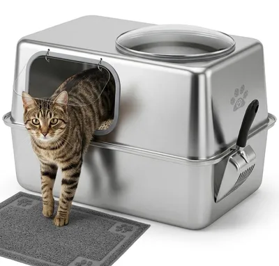 Image de Bac à litière pour chat XXL fermé - Acier inoxydable - 60 x 40 x 40 cm - Avec couvercle