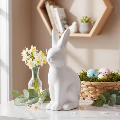 Produktbild von Deko Hase H16cm Weiß Keramik Figur Ostern Aufsteller Tischdeko Osterdeko Osterhase Dekofigur