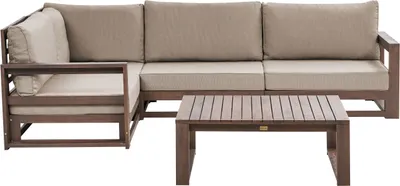 Produktbild von BELIANI Lounge Set Dunkelbraun es Akazienholz Auflagen Taupe 4-Sitzer Ecksofa mit Couchtisch Rechtsseitig Terrasse Outdoor Retro Stil