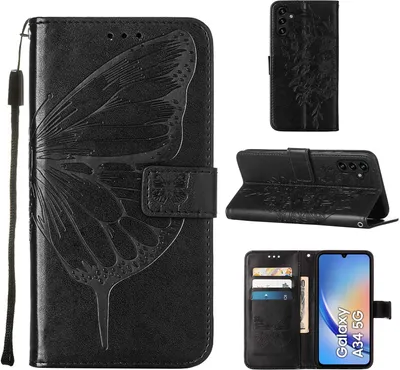 Produktbild von Lederhülle für Samsung Galaxy A34 Schmetterling Prägung Flip Ledertasche Kartenfächer Handyhülle mit Ständer Schwarz
