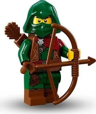 A Lego minifigure of an archer with a green hood and mask, brown and red clothing, holding a bow and arrow.