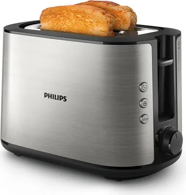 A silver Philips toaster with two slices of toast in it, shown from a front-diagonal angle.