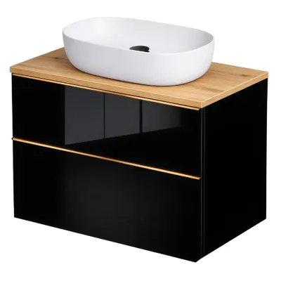 Produktbild von Waschbeckenunterschrank ONE mit Abdeckplatte 2 große Schubladen Artisan Schwarz Hochglanz 60x50x46 hängend goldene Griffe Waschbeckenschrank