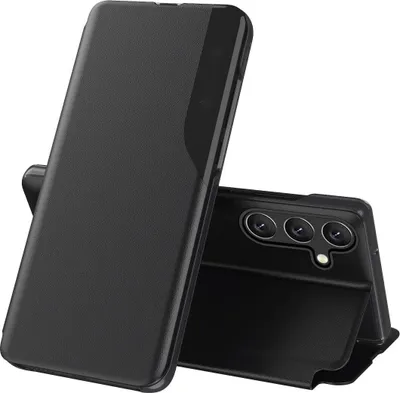 A black flip case for a smartphone is shown, with the phone's camera array visible.