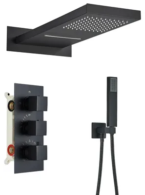 Produktbild von Duscharmatur Set, 3-Wege, Thermostatsteuerung, Modernes Design, Mattschwarz