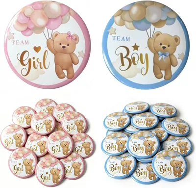 Imagen del producto de Botones, para revelación de género, 50 unidades, 3,8 cm, diseño colorido para celebraciones