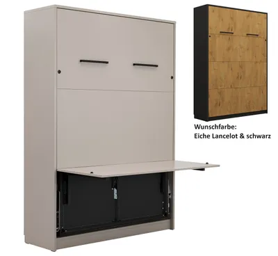 Produktbild von Schrankbett Wandbett Klappbett vertikal GN 140x200 mit Schreibtisch und LED eiche lancelot und schwarz