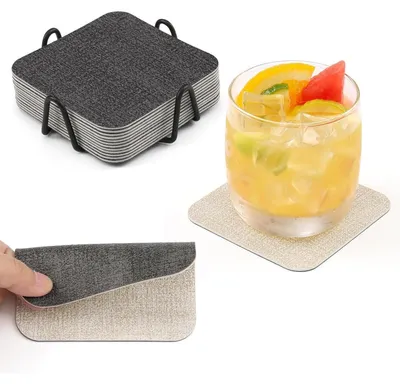 Image de Lot de 12 dessous de verre, double face, antidérapants, lavables, en similicuir, gris et crème, carrés, avec support