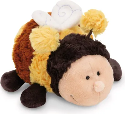 A plush toy bee is shown against a white background.