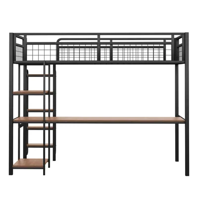Produktbild von Flieks Etagenbett Metallbett 90x200cm mit Schreibtisch und Regal, Einzelbett Jugendbett mit Leiter, Hochbett Stockbett mit Rausfallschutz, Schwarz