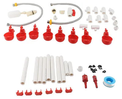Obrázek produktu pro Automatický systém pro napájení kuřat, dávkovače vody pro drůbež s PVC potrubím, plovákem a hadicemi z nerezové oceli