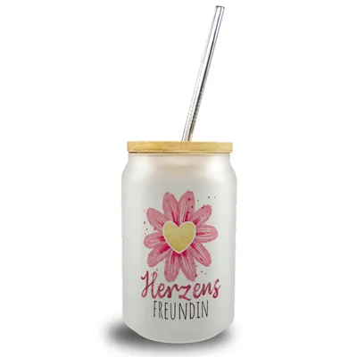 Produktbild von Blume Trinkglas mit Bambusdeckel mit Spruch Herzensfreundin