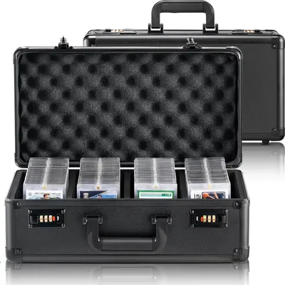 A black storage case for trading cards is shown open, revealing four compartments filled with cards.
