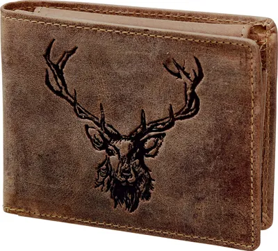 A close-up view of a brown leather wallet with a deer head embossed on it.