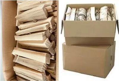 A collage of two images showing firewood packaged in cardboard boxes.