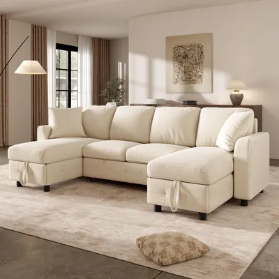 Produktbild von Merax Modernes U-Form Chenille Schlafsofa mit Ausziehfunktion, 4-Sitzer Ecksofa mit Stauraum Chaiselongue, USB & Type-C, Bettsofa, Soffa, Beige