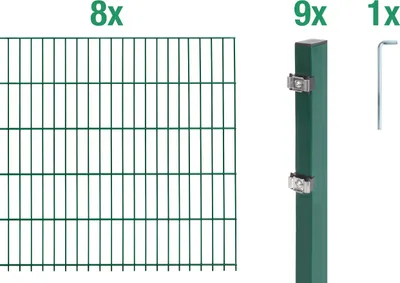 Produktbild von Alberts Doppelstabmatten Zaun, Höhe 160 cm, Länge 16 m, Zaun-Komplettset zum Einbetonieren, grün, Pfosten 60x40 mm