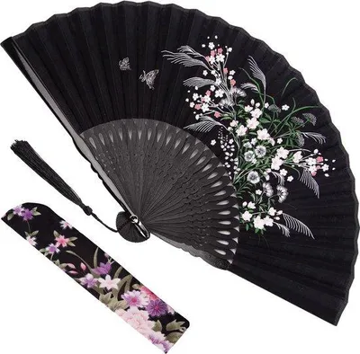 Image de Éventail vintage pliable en bambou noir à motifs floraux, idéal pour les festivals et les mariages