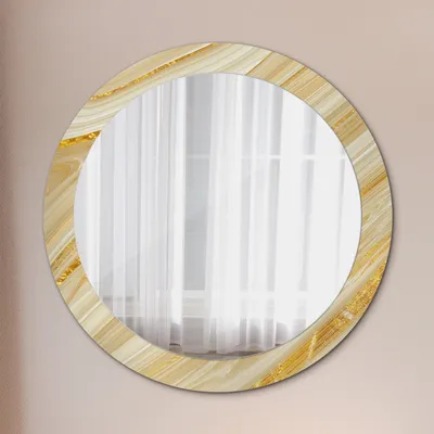 Produktbild von Ø80cm Spiegel - Glasrahmen mit Aufdruck - Wandspiegel Schlafzimmer - gold abstrakt