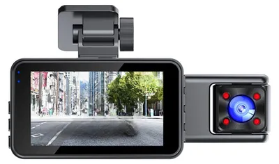A dashcam with a screen displaying a city street scene and a rear camera.