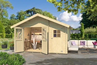 Productafbeelding van Tuinhuis Vaduz 253, wanddikte 28 mm, 2-kamerhuis - Breedte x Diepte x Hoogte - 420.00 x 310.00 x 270.00 - Onbehandeld, in natuurlijke staat