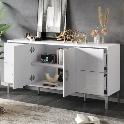 Immagine prodotto di Credenza okwish – Mobile contenitore – Mobile ausiliario con frontale lucido – Cassettiera – Design senza maniglie per soggiorno e sala da pranzo – MDF bianco