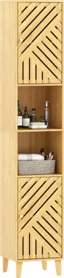 Image de Meuble colonne pour salle de bain, étagères réglables, pieds en bambou, bois naturel