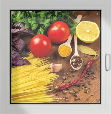 Produktbild von Wallario Lichtschutzbild, Dekorativer Sichtschutz Sonnenschutz 96 x 93 cm mit Motiv: Italienisches Menü mit Spaghetti, Tomaten, Basilikum und Gewürzen - Verdunklung ohne Bohren