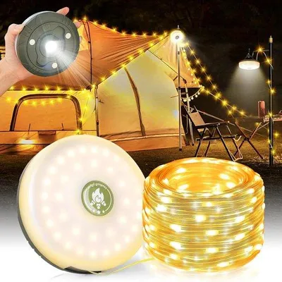 Image de Lampe LED portable rechargeable de 10 m pour le camping - Étanche, à intensité variable, éclairage LED pour diverses occasions (lumière chaude)