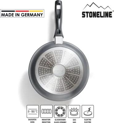 The bottom view of a frying pan with its handle, set against a white background. Several icons and text indicating product features are displayed at the bottom.