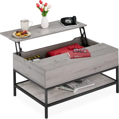 Zdjęcie produktu dla Rozkładany stolik kawowy Relaxdays z półką, stolik do salonu z miejscem do przechowywania, imitacja drewna, wymiary: 45,5 x 90 x 60 cm, szaro-czarny