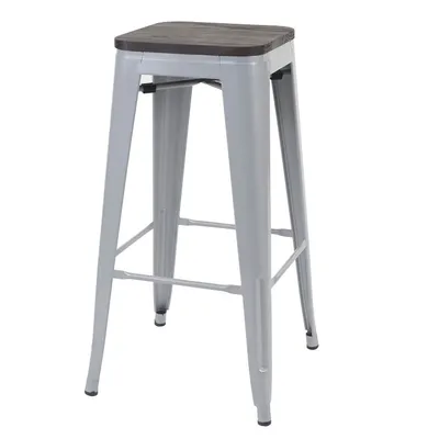 Produktbild von Barhocker HWC-A73 inkl. Holz-Sitzfläche, Barstuhl Tresenhocker, Metall Industriedesign stapelbar  grau