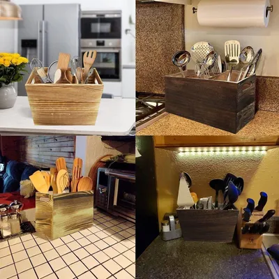 Holz Küchenutensilienhalter Bambus für Küchenorganizer und Besteckkasten - Küchenutensilienkorb mit 3 Fächern