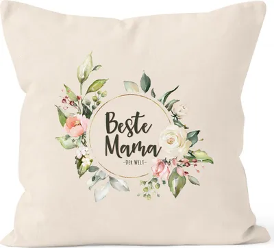Produktbild von Kissen-Bezug Beste Mama der Welt Muttertag Watercolor Blumen Geschenk Kissen-Hülle Deko-Kissen Baumwolle MoonWorks® natur unisize