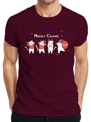 Productafbeelding van Meowy Catmas Katten T-shirt voor heren, met kerstmotief, bordeauxrood, maat S