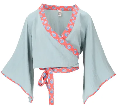 Produktbild von Kurztop, Boho Blusentop, Musselin Wickeltop, Wickelbluse mit Trompetenärmeln - Hellblau, Damen, Baumwolle, Größe: M