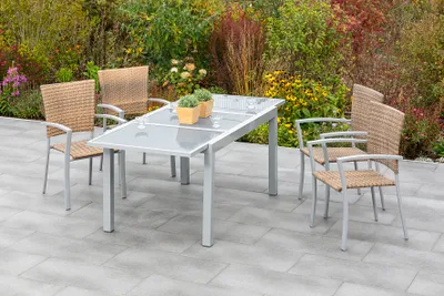 Produktbild von Merxx Gartenmöbelset "Savona" 5tlg. mit Ausziehtisch 140/200 x 90 cm - Aluminiumgestell Silber mit Kunststoffgeflecht Naturgrau
