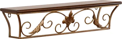 A wall shelf with a wooden top and ornate metalwork.