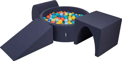Produktbild von KiddyMoon spielplatz aus schaumstoff mit rund bällebad (300 bälle) ballgruben für babys spielbad hindernisläufen, hergestellt in der eu, dunkelblau:hellgrün/orange/türkis/blau/bblue/gelb